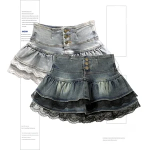 Woman Vintage Denim Pleated Skirt Lace Fold Design A-line Short Skirt Built in Shorts American Spicy Girl Korea Fashion Hotsweet