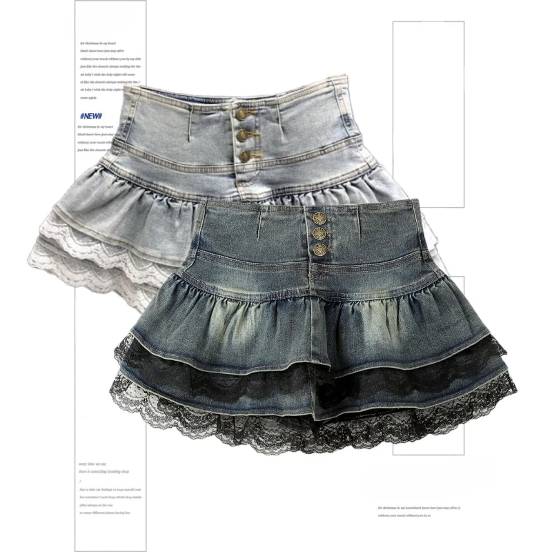Woman Vintage Denim Pleated Skirt Lace Fold Design A-line Short Skirt Built in…