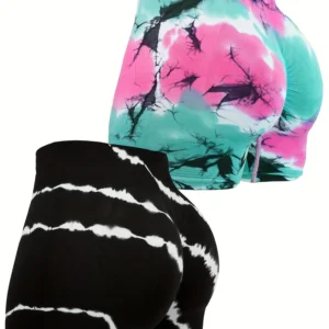 2pcs Women's High-Waisted Tummy Control Biker Shorts - Seamless, Slimming Athletic Gym & Yoga Pants in Vibrant Tie-Dye