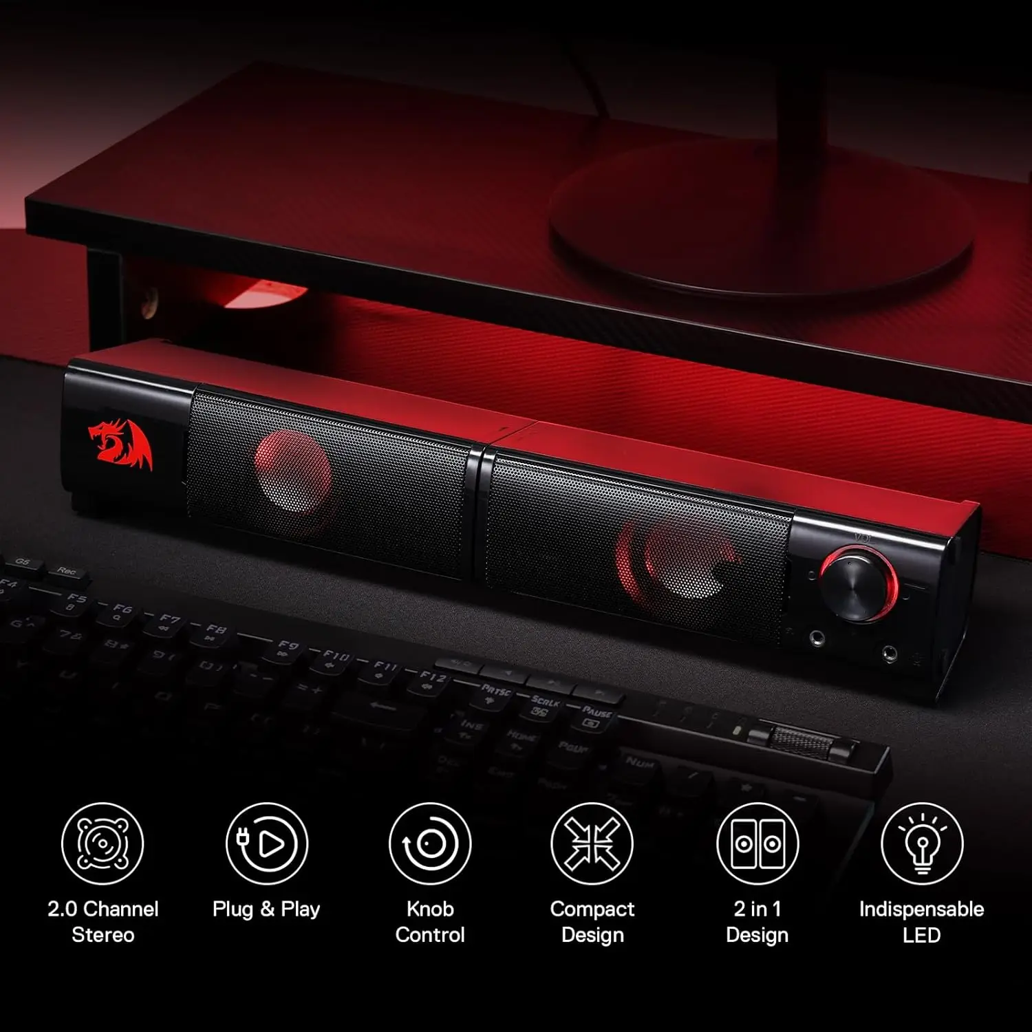 Redragon GS550 PC Gaming Speakers 2.0 Channel Desktop Computer Sound Bar Quality Bass & Decent Red Backlit - Image 5