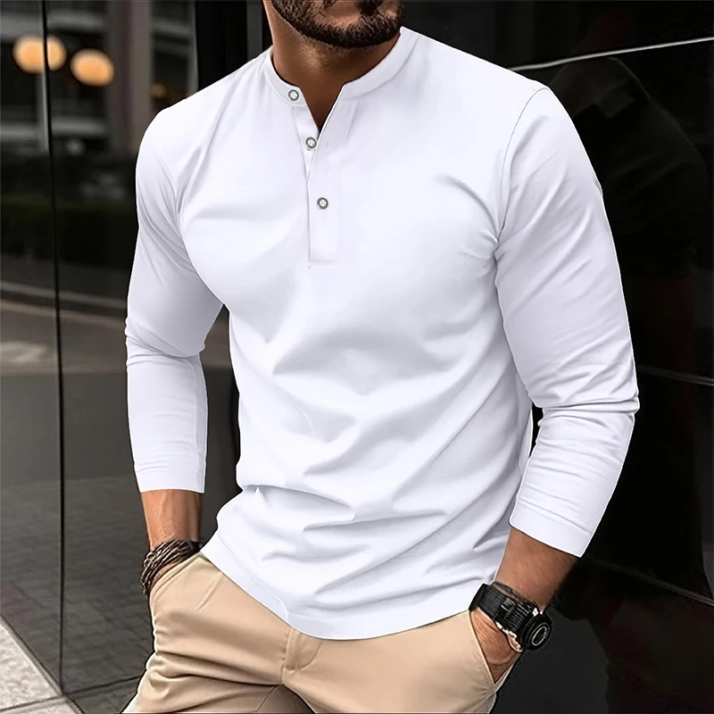 2025 Men's Summer Long Sleeve Henry Polo Casual Breathable Comfortable Polo Shi…