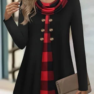 European and American fashion plaid print fake two-piece pleated scarf wild button plus size women's thin long-sleeved T-shirt