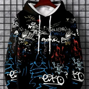 Fashionable men's autumn personalized letter graffiti print soft and comfortable hooded sweatshirt outdoor urban high street to