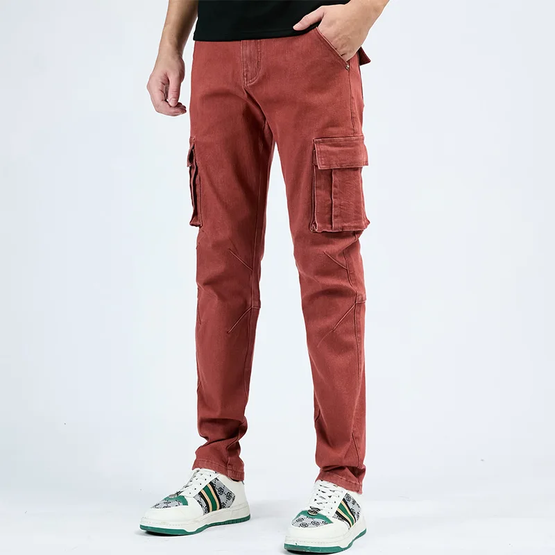 Men's Street Style Elastic Waist Denim Cargo Pants Solid Color Washed Slim Fit Casual Jeans with Multiple Pockets for Daily Wear - Image 7