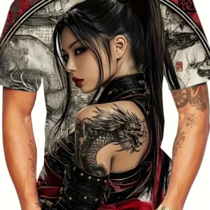 Men's 3D Female Samurai Pattern T-Shirt Crew Neck Short Sleeve Gothic Style Illustration Light and Breathable Casual Street Wear