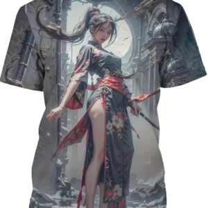 Men's 3D Printed Japanese Female Samurai Pattern T-shirt Short-Sleeved Crew Neck Breathable Lightweight Casual Summer Clothing