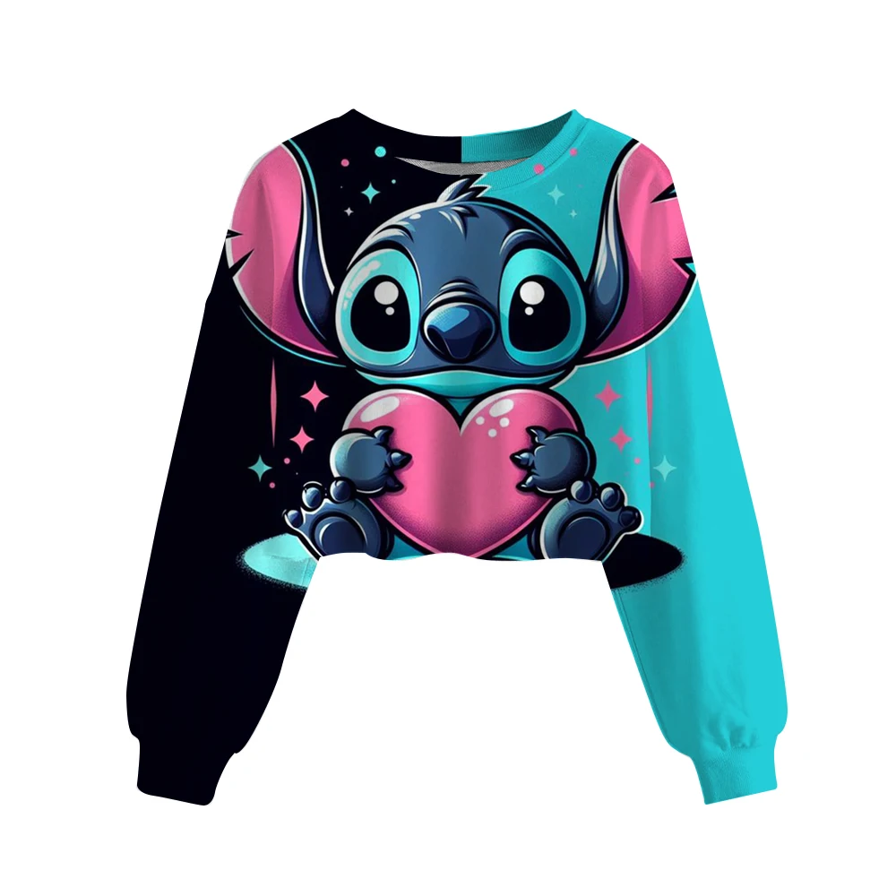 Disney Stitch print Children Crop Hoodie Girl Clothes Autumn Casual Long Sleeve Spring Short Sweatshirt Girls Pullover Cute Top