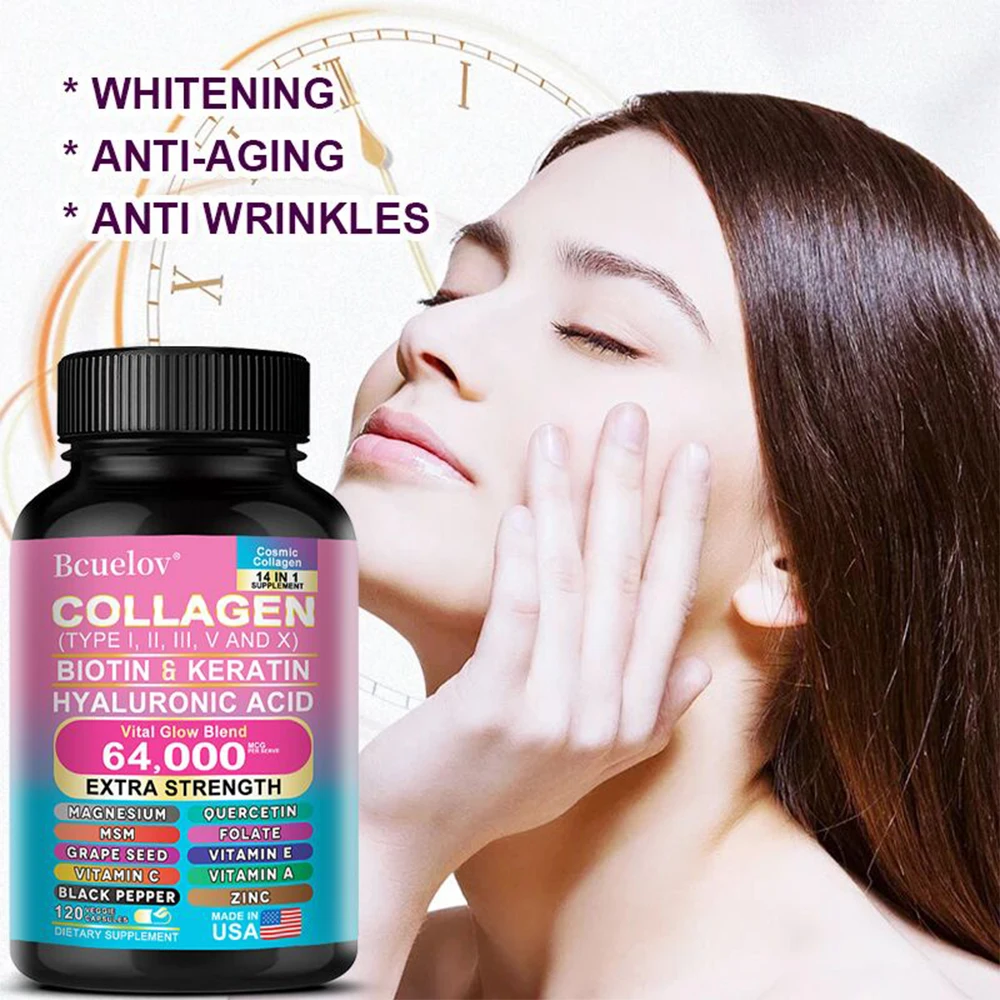 Collagen Peptides Types I, II, III, V & X, Biotin Keratin Hyaluronic Acid MSM Vitamins - Skin, Nails & Joint Health, Anti-Aging - Image 2