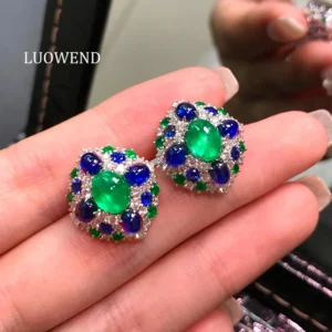 LUOWEND 100% 18K White Gold Earrings Luxury Elegant Style Natural Emerald Gemstone Earrings for Women Senior Banquet