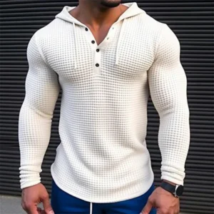 Casual Long Sleeve Buttoned Hoodies Tees Vintage Waffle Pullover Man 2024 Stitching Hooded Drawstring Sweatshirt Men Clothing