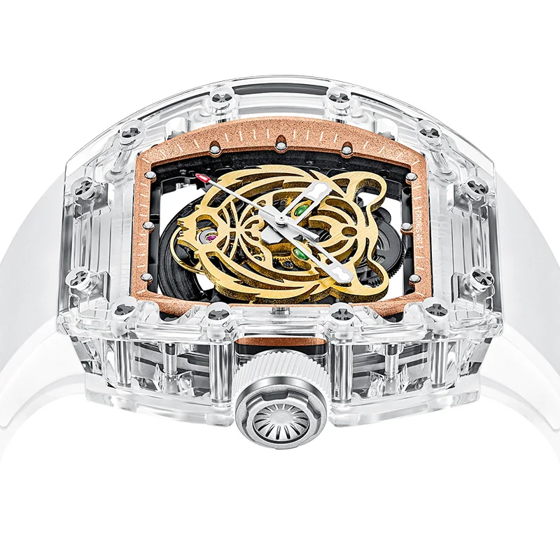 CRONUSART Men Automatic Watch Fashion 50mm Tonneau Mechanical Wristwatch Acrylic Case Luminous Skeleton Tiger Dial - Image 5