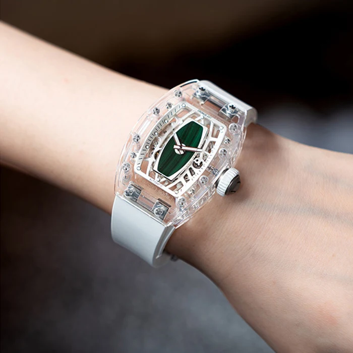 CRONUSART Women Automatic Watch 31.5*45.5mm Acrylic Tonneau Lady Mechanical Wristwatch Fluororubber Strap Luminous Skeleton Dial - Image 5