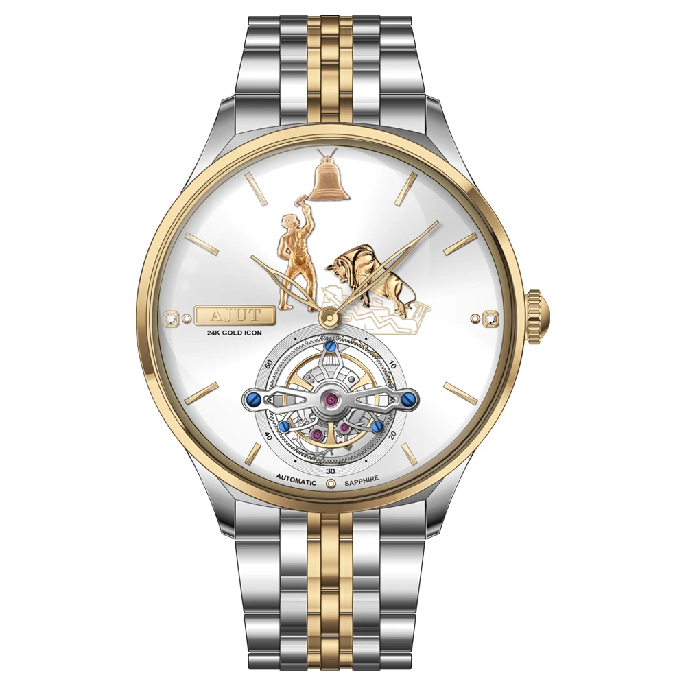 AJUT Automatic Tourbillon Mechanical Watches For Man Sun-patterned Surface 24K Gold Self Wind Flying Tourbillon Man Watch 0375