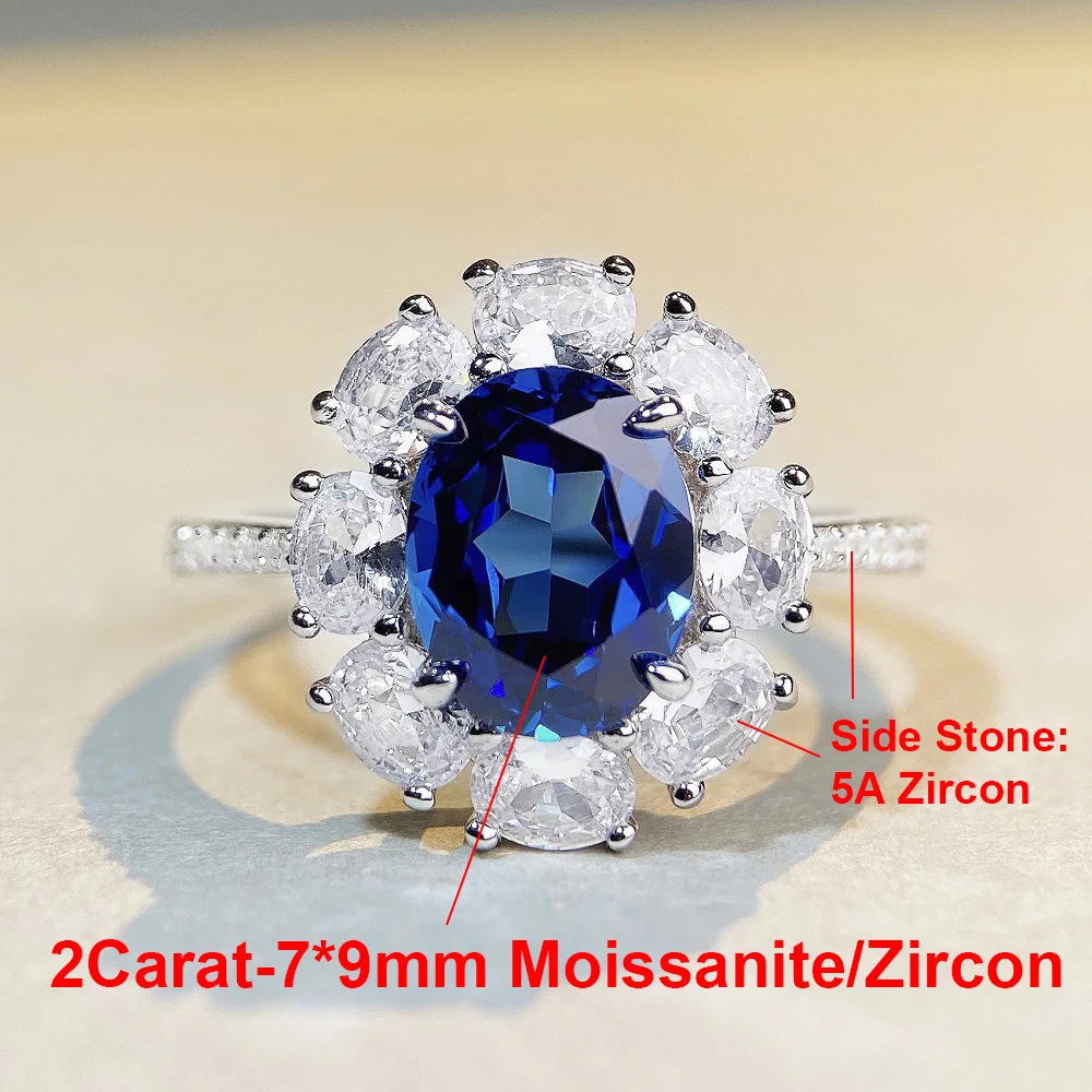 BXINY Certified 2CT Oval Cut Bule Moissanite Ring S925 Silver Sapphire Lab Diamond Halo Wedding Band For Women Fine Jewelry Gift - Image 6
