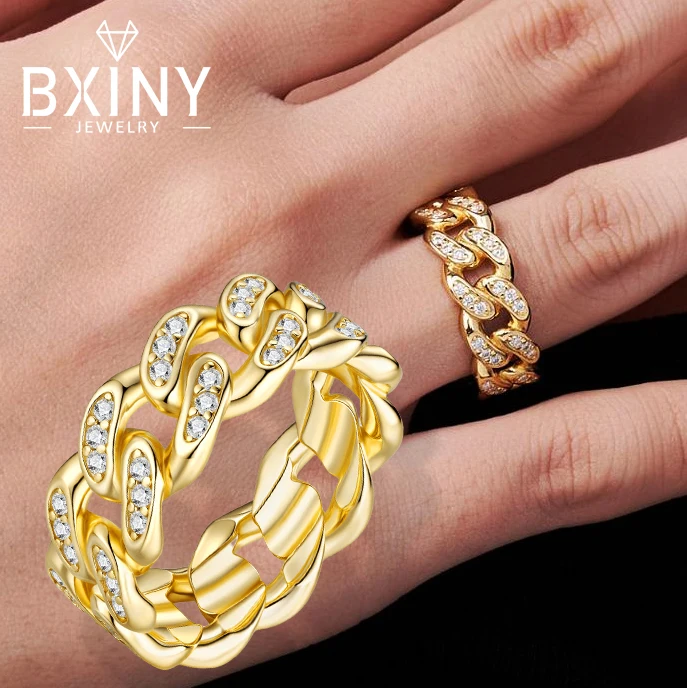 BXINY Full 1.5mm Moissanite Cuban Ring 925 Sterling Silver Lab Diamond For Women Men Hiphop Band Fine Jewelry Gift GRA Certified