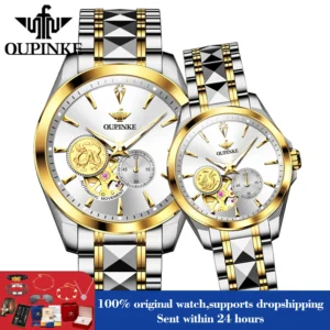 OUPINKE 3260 Automatic Watch Real Diamond Mechanical Couple Watch For Men Women Luxury Original Dress Hand Clock Deep Waterproof