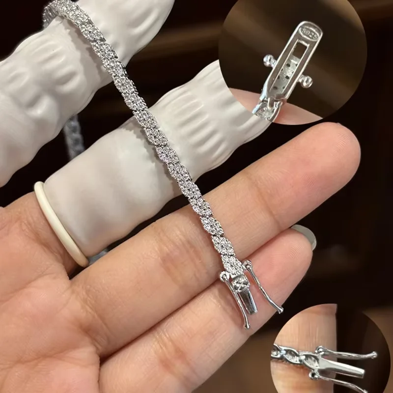 EWYA 4-Stone Full 1.4mm Round Cut Moissanite Tennis Bracelet GRA Certified Lab Diamond 925 Silver Link Bracelets for Women Man - Image 3