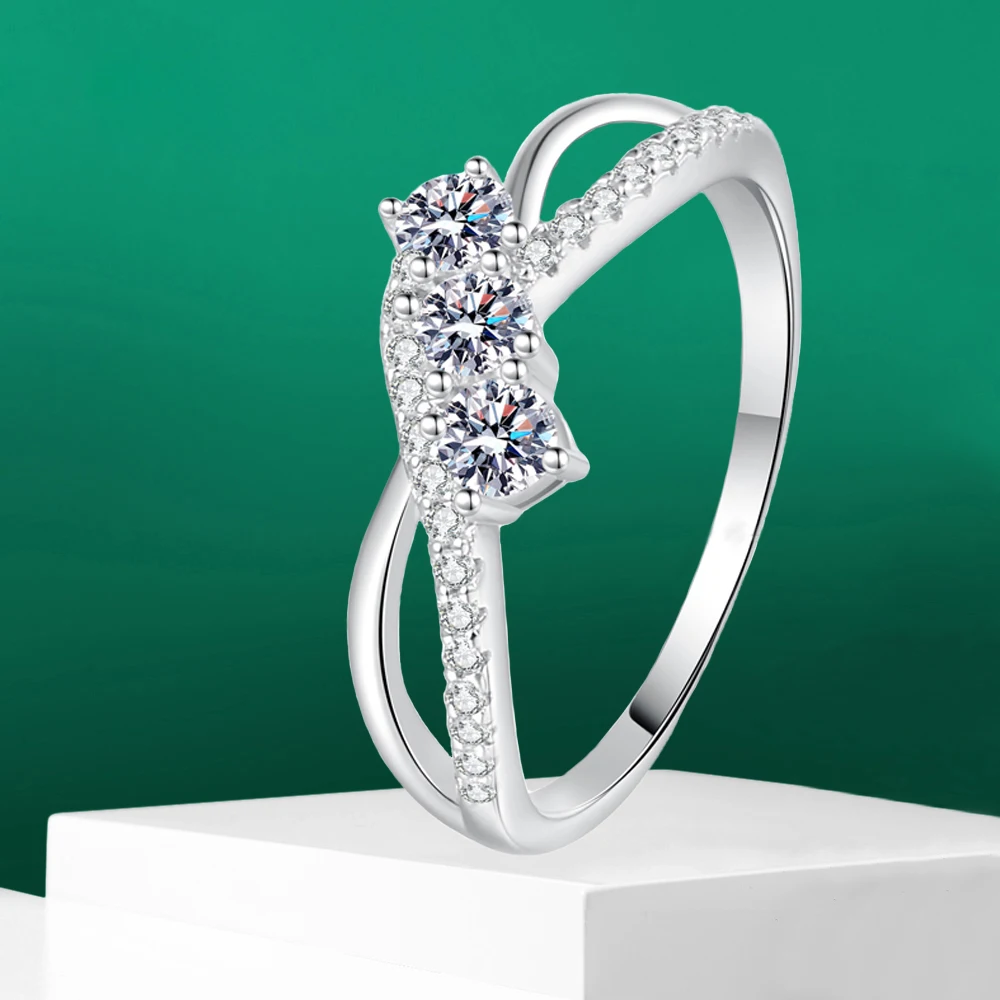 IGOTOS Full Moissanite Rings Certified Women Double Line Three-Stone Lab Diamond Ring 925 Sterling Silver Wedding Bands Jewelry - Image 5