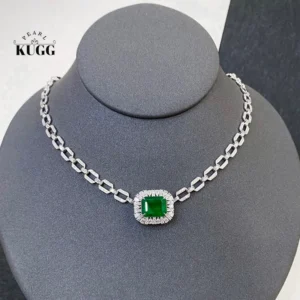 KUGG 100% 18K White Gold Necklace Luxury Shiny Design Natural Diamond&Emerald Gemstone Necklace for Women Senior Banquet