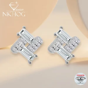 NKHOG Full Certified Moissanite Stud Earrings Women S925 Silver Rectangle Lab Diamond Ear Stud Wedding Party 18K Plated Jewelry
