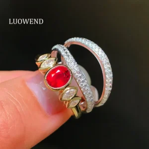 LUOWEND 100% 18K White+Yellow Gold Rings Luxury Palace Style Shiny Diamond Natural Ruby Ring for Women High Party Jewelry