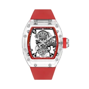 CRONUSART Men Tourbillon Watch 50mm Tonneau Sapphire Case Mechanical Wristwatch Luminous Fluororubber Strap Hollow Out Dial