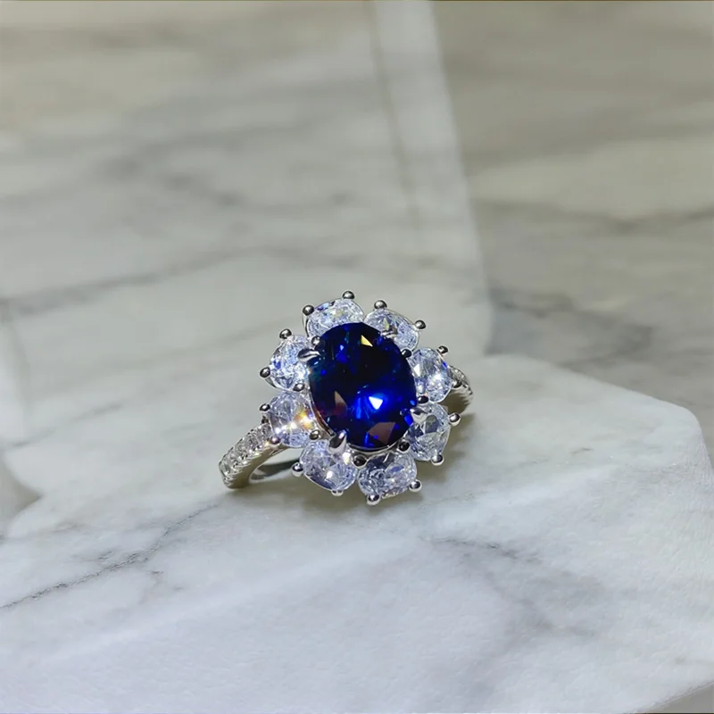 BXINY Certified 2CT Oval Cut Bule Moissanite Ring S925 Silver Sapphire Lab Diamond Halo Wedding Band For Women Fine Jewelry Gift - Image 2