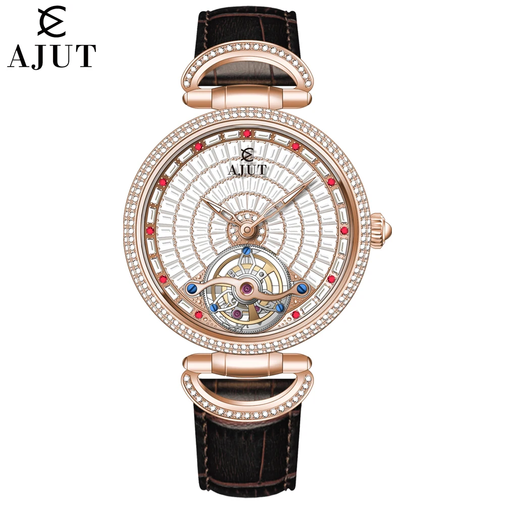AJUT Automatic Tourbillon Mechanical Women Watch Sapphire Luxury Full Diamond Dial Self Winding Movement Ladies Watch 0397L