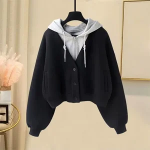 Splicing Hoodies Sweatshirt For Women Casual Y2k Vintage Sweat-shirt Long Sleeve Matching Y2k Style Button Woman Hooded Tops