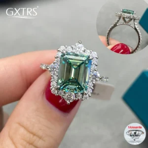 GXTRS 4CT Emerald Cut Green Moissanite Ring For Women 925 Silver Luxury Lab Diamond Party Band 18K Plated Fine Jewelry Certified