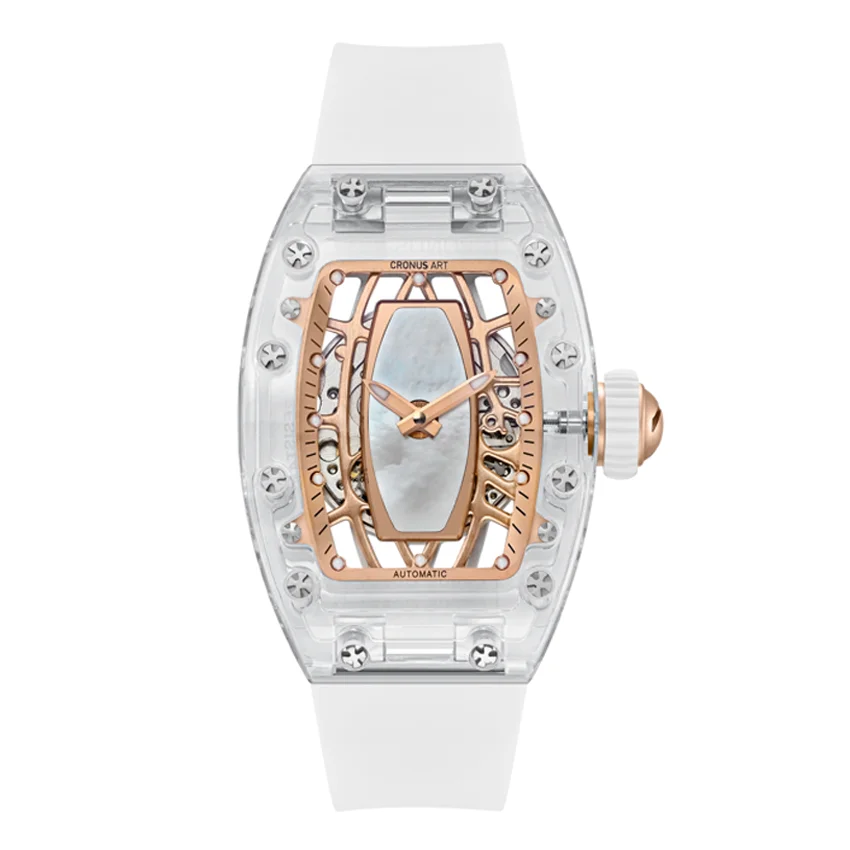 CRONUSART Women Automatic Watch 31.5*45.5mm Acrylic Tonneau Lady Mechanical Wristwatch Fluororubber Strap Luminous Skeleton Dial - Image 2