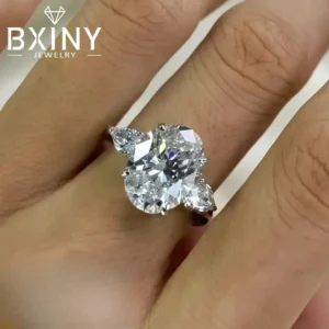 BXINY 5CT Oval Cut Moissanite Ring S925 Silver D Color Lab Diamond For Women Three Stone Wedding Band Fine Jewelry GRA Certified