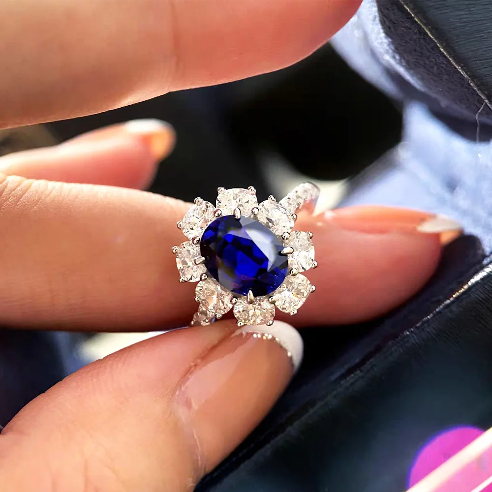 BXINY Certified 2CT Oval Cut Bule Moissanite Ring S925 Silver Sapphire Lab Diamond Halo Wedding Band For Women Fine Jewelry Gift - Image 5