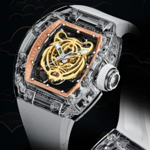 CRONUSART Men Automatic Watch 50mm Tonneau Acrylic Case Mechanical Wristwatch Luminous Transparent Skeleton Tiger Dial