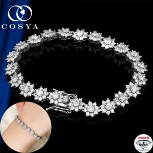COSYA Full Moissanite Flower Tennis Bracelet For Woman 100% S925 Silver Certified D VVS1 Lab Diamond Bracelet Party Fine Jewelry