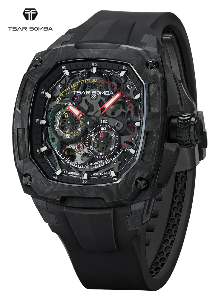 TSAR BOMBA Interchangeable Automatic Watch Set Mechanical Wristwatch for Men Square Carbon fiber Watches Mens Christmas Gift