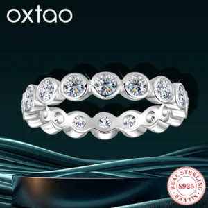 OXTAO Certified 3mm Full Moissanite Eternity Ring Ladies S925 Silver Plated 14KGold Lab Diamond Bezel Rings Wedding Band Jewelry