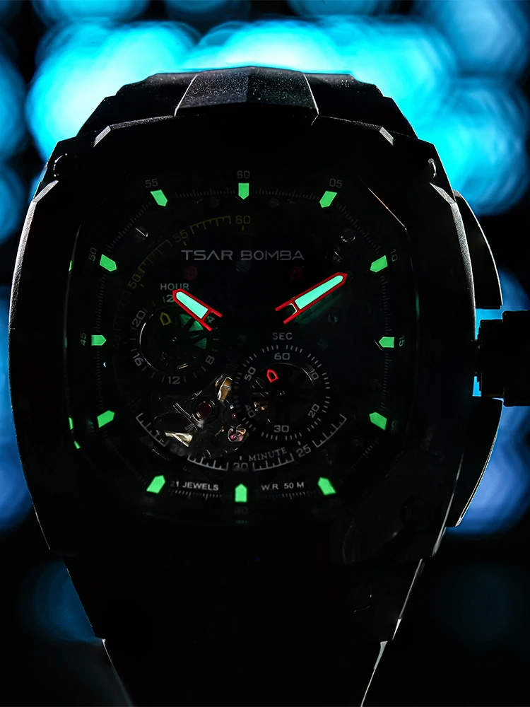 TSAR BOMBA Interchangeable Automatic Watch Set Mechanical Wristwatch for Men Square Carbon fiber Watches Mens Christmas Gift - Image 4