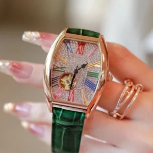 Elegant Office Lady Diamonds Mechanical Watch Roman Number Fashion Pin Buckle Adjustable Genuine Leather Strap Women Wristwatch