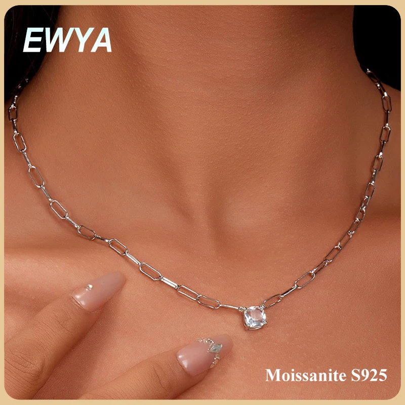 EWYA 1CT Cushion Cut D Color Moissanite Pendant Necklace for Woman Certified Square Lab Diamond S925 Silver Party Neckchain Gift