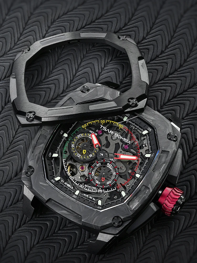 TSAR BOMBA Interchangeable Automatic Watch Set Mechanical Wristwatch for Men Square Carbon fiber Watches Mens Christmas Gift - Image 3