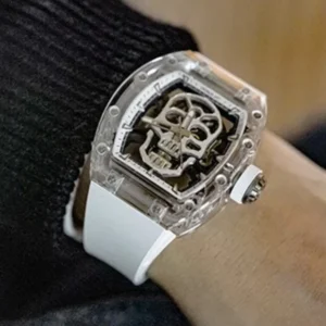 CRONUSART Men Automatic Watch 50mm Mechanical Wristwatch Sapphire Tonneau Case Luminous Fluororubber Strap Skeleton Skull Dial