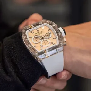 CRONUSART Men Chronograph Watch 50mm Tonneau Mechanical Wristwatch Sapphire Case Luminous Fluororubber Strap Skeleton Dial