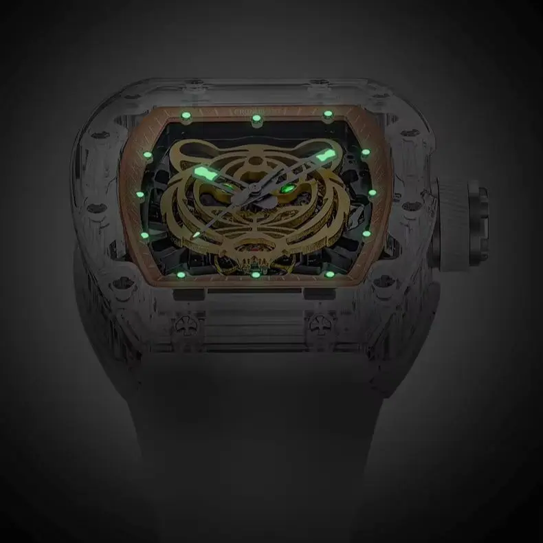 CRONUSART Men Automatic Watch Fashion 50mm Tonneau Mechanical Wristwatch Acrylic Case Luminous Skeleton Tiger Dial - Image 4