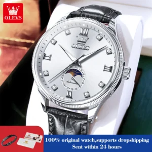 OLEVS 7039 Man's Watch Original Moon Phase Mechanical Watch For Men Calendar Luxury Business Leather Hand Clock Deep Waterproof