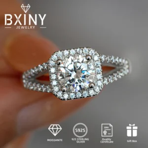 BXINY GRA Certified 1Carat Moissanite Rings 925 Sterling Silver D Color Lab Diamonds Square Halo Wedding Bands for Women Jewelry