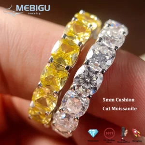 Mebigu 5mm Cushion Cut Full Eternity Moissanite Row Ring Women Man S925 Silver Certified Lab Diamond Party Wedding Band Gift