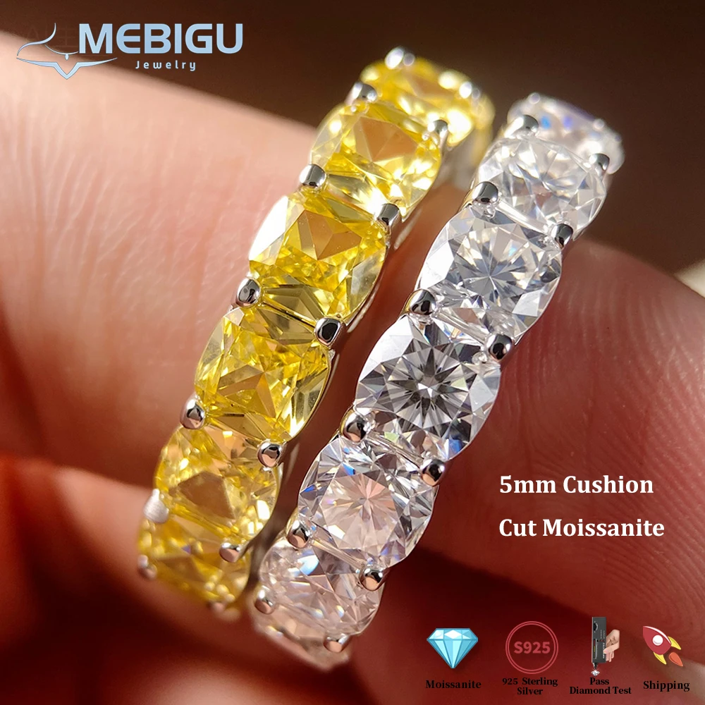 Mebigu 5mm Cushion Cut Full Eternity Moissanite Row Ring Women Man S925 Silver Certified Lab Diamond Party Wedding Band Gift