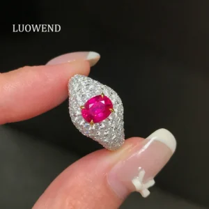 LUOWEND 100% 18K White Gold Rings Elegant Romantic Style Luxury Diamond Natural Ruby Gemstone Ring for Women Senior Banquet