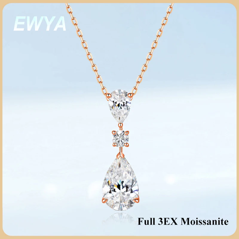 EWYA 3-Stone Pear Round Cut Moissanite Pendant Necklace for Women s925 Silver Certified Lab Diamond Dainty Party Neck Chain Gift